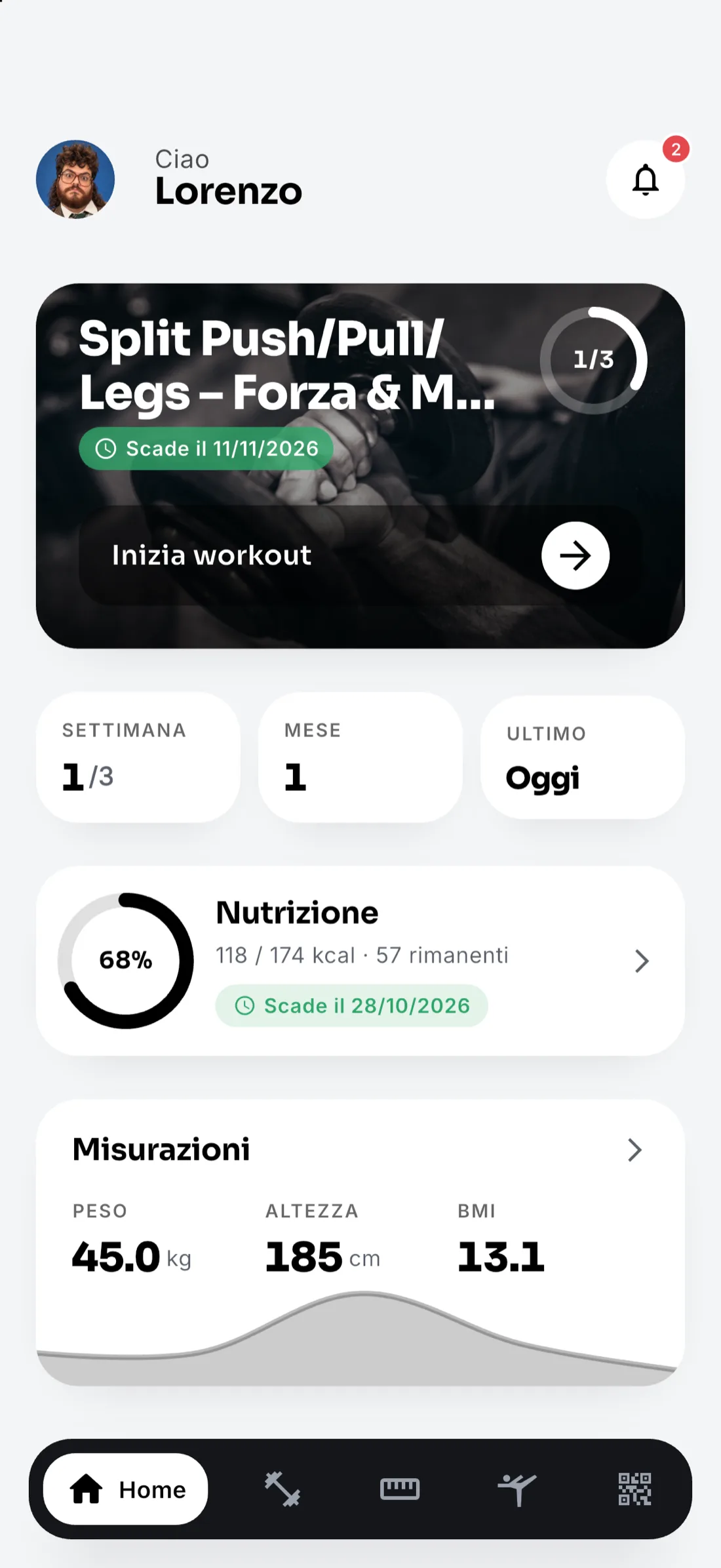 Home dell'app: scheda del giorno, avanzamento settimanale, nutrizione e misurazioni